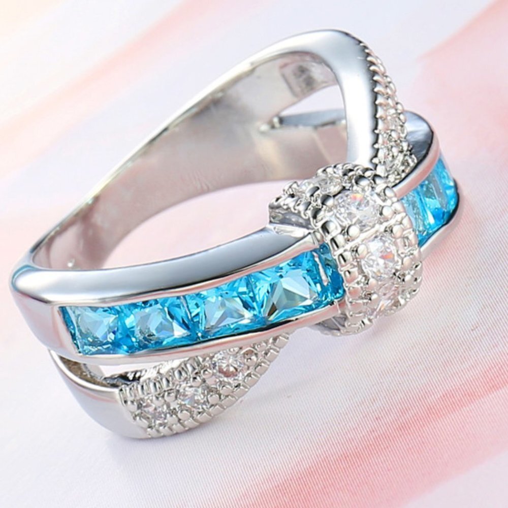 💕925 Silver Plated Sea Blue CZ Punk Party Cocktail Ring Women, GPMB1405